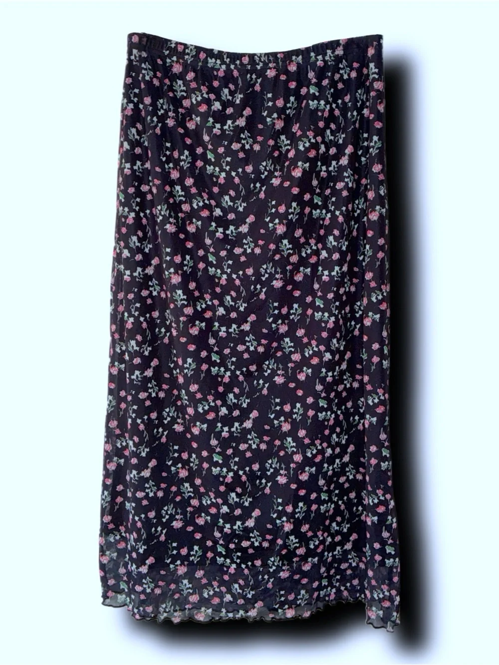 Vintage 90s/Y2K Style Floral Black Mesh Maxi Skirt with Lettuce Hem